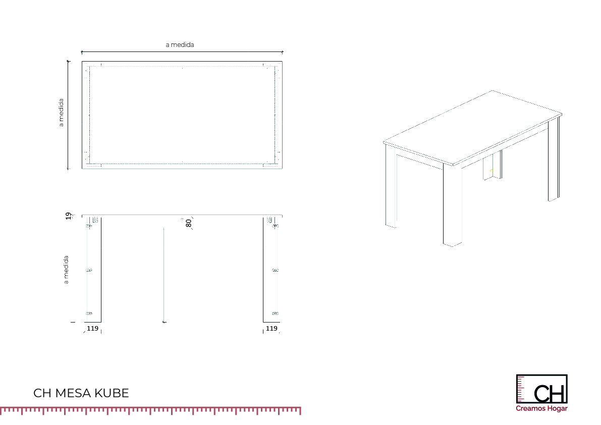 CH_MESA_KUBE_PLANOS_Mesa de trabajo 1 Mesa Rectangular de Comedor | Kube - Imagen 2