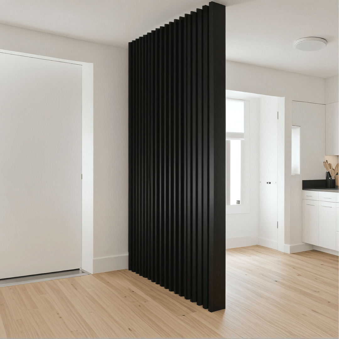 Diseño sin título (3) Separador de Ambientes en Listones de Madera verticales – SepTop Fijo Negro | 160x240 cm - Imagen 8