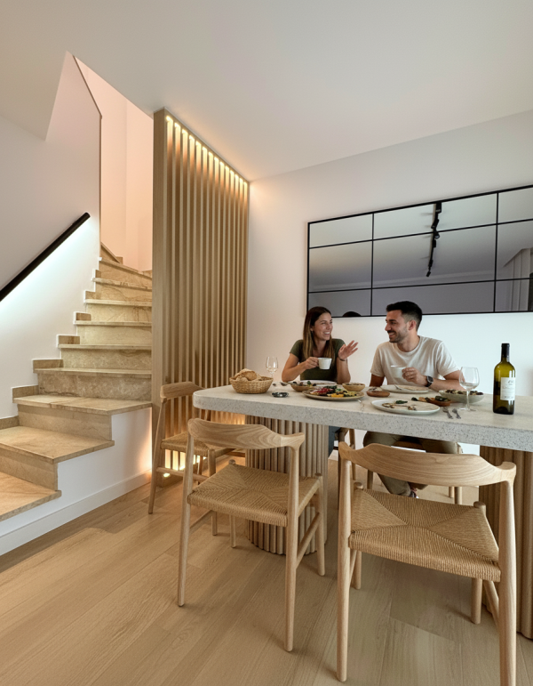 Mesa de comedor Zenith – Diseño Curvado con Listones de Madera y Efecto Nature