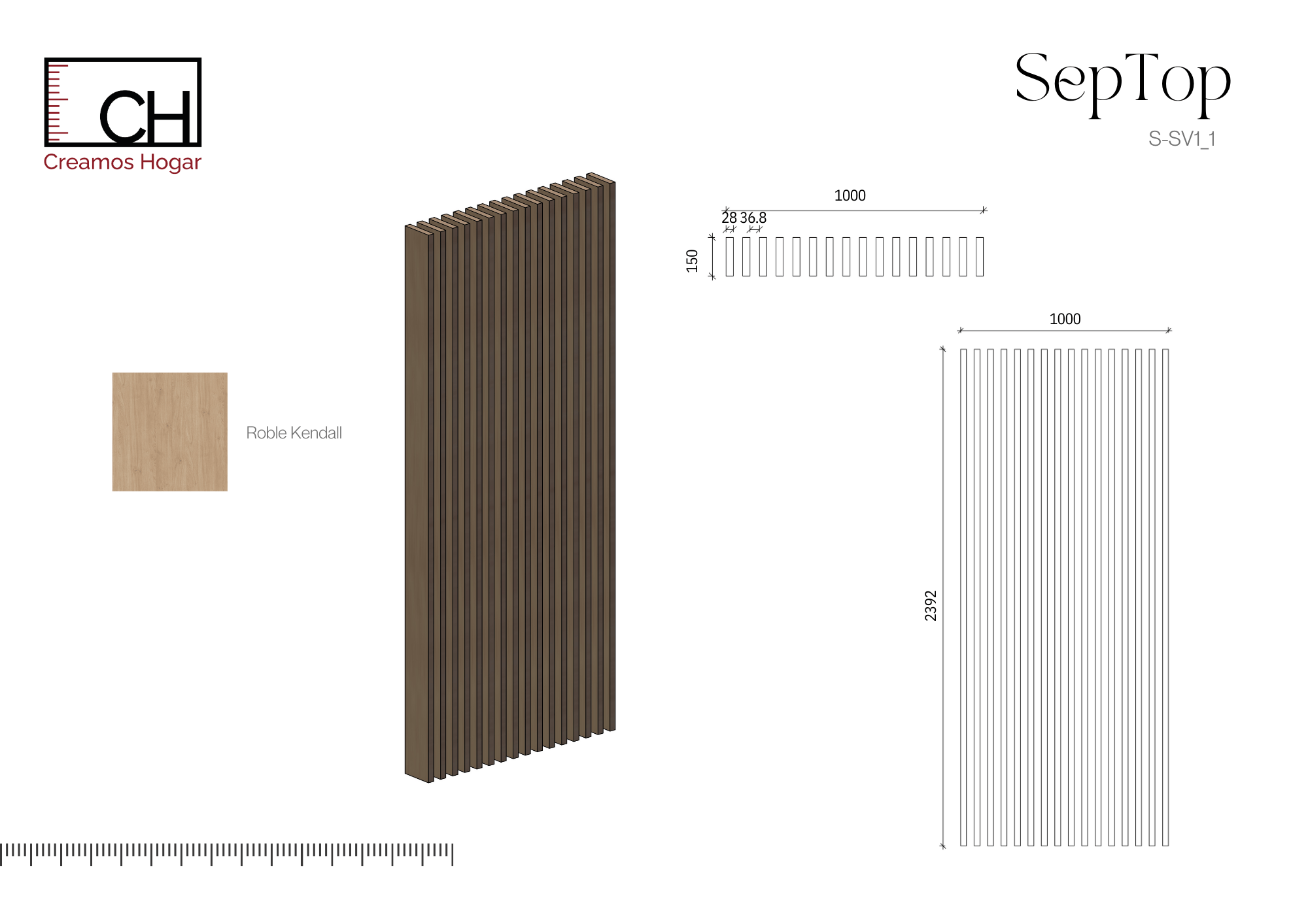Planos S-SV1_1 Separador de Ambientes en Listones de Madera verticales– SepTop Fijo Roble Kendal | 100x240 cm - Imagen 5