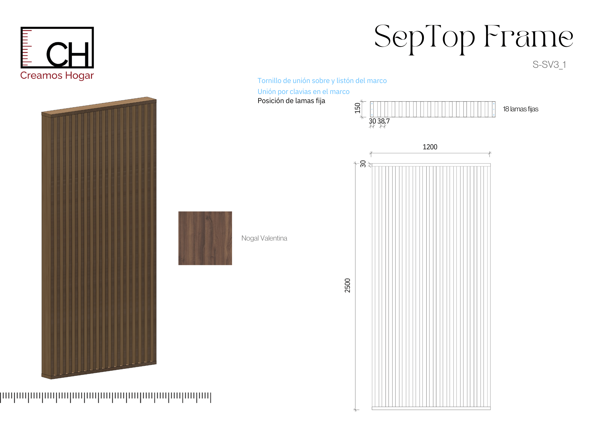 Planos S-SV1_1 Separador de Ambientes Listones Oblicuos y Luz LED – SepTop Frame Roble Hamilton | 130x250 cm - Imagen 5
