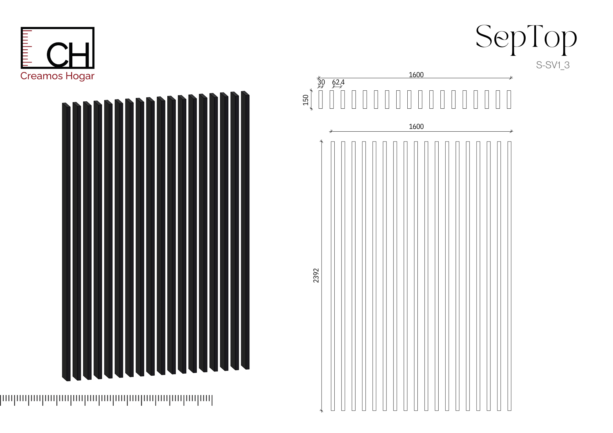 Planos S-SV1_3 Separador de Ambientes en Listones de Madera verticales – SepTop Fijo Negro | 160x240 cm - Imagen 5