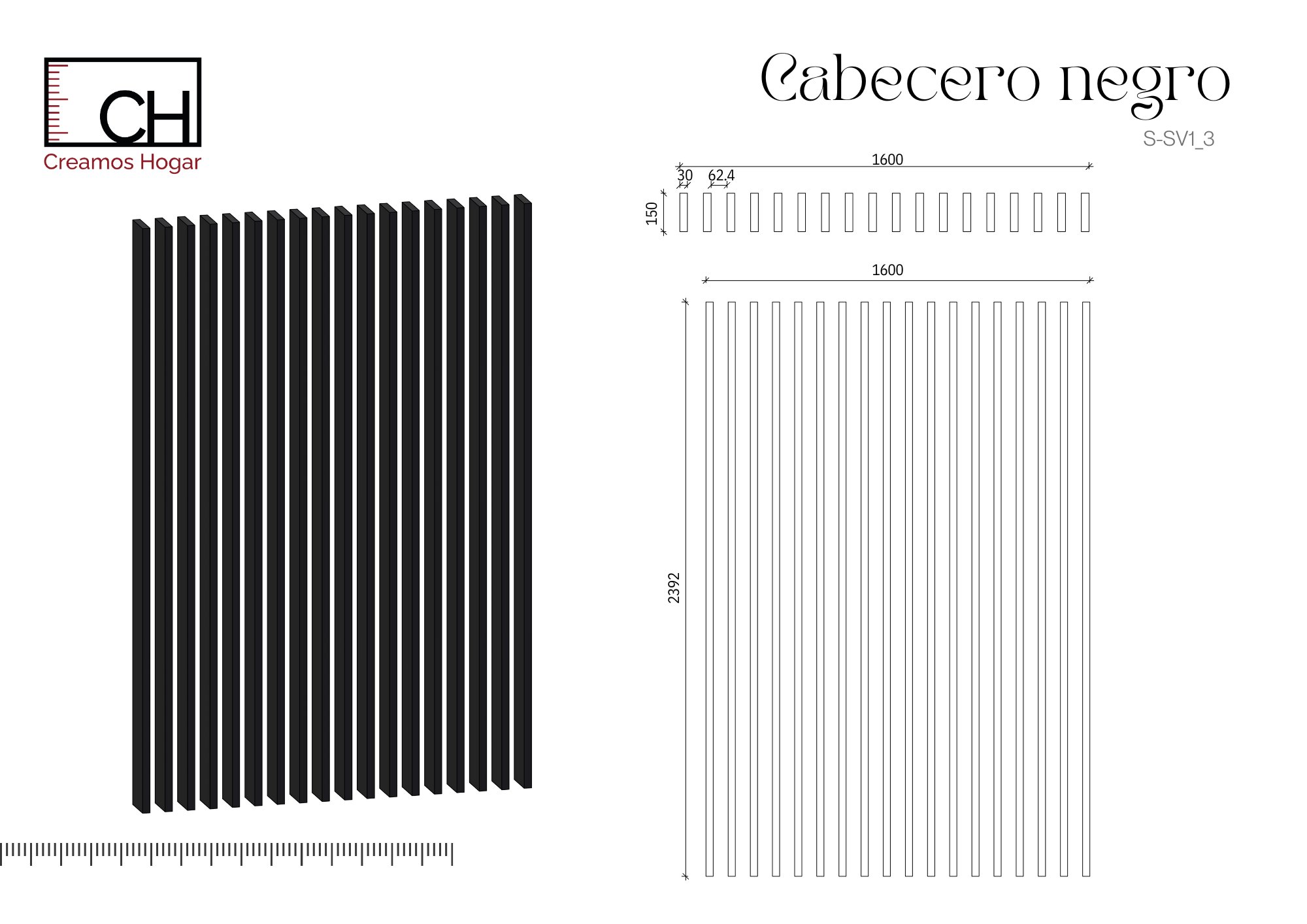 Planos S-SV1_3 Separador de Ambientes en Listones de Madera verticales – SepTop Fijo Negro | 160x240 cm - Imagen 6