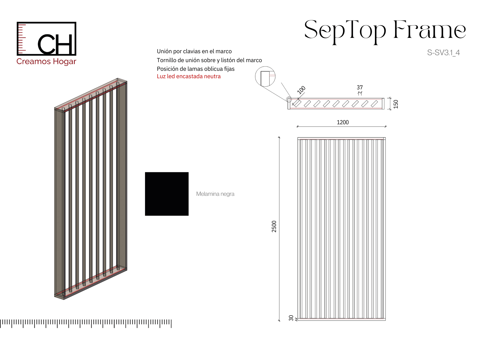 Planos S-SV3.1_4 Separador de Ambientes Listones Oblicuos y Luz LED – SepTop Frame Negro | 120x250 cm - Imagen 4