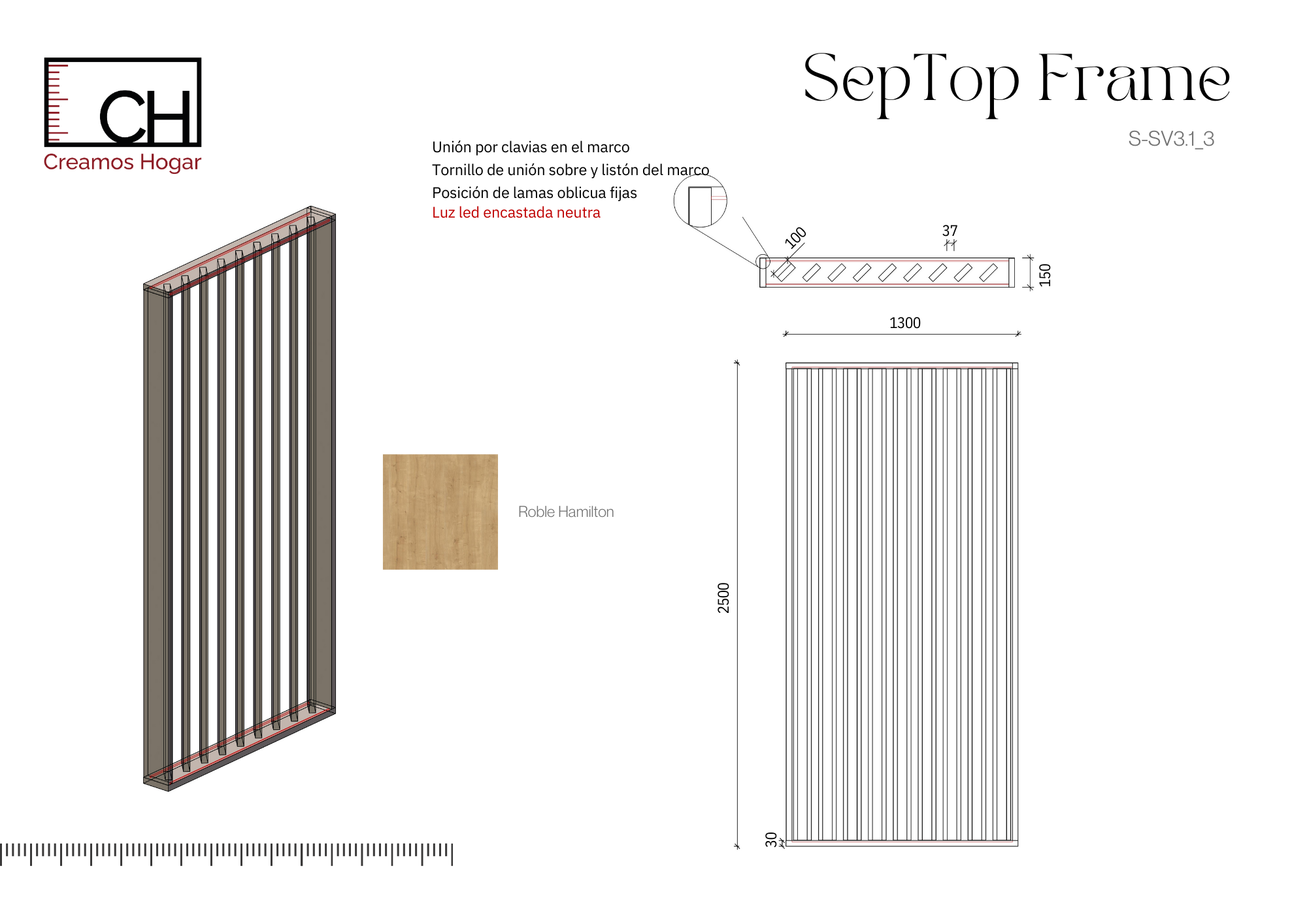 Planos Separador de Ambientes de Listones Rectos – SepTop Frame Chapa natural C0 | 120x250 cm - Imagen 5