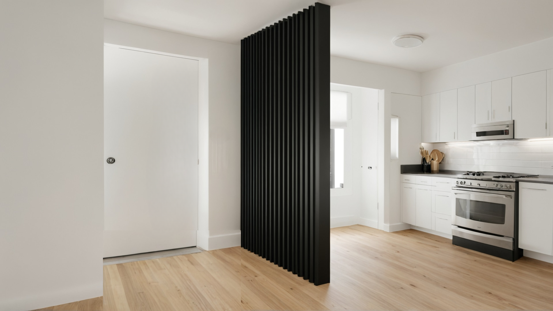 Render vizcom S-SV1_3 Separador de Ambientes en Listones de Madera verticales – SepTop Fijo Negro | 160x240 cm - Imagen 7