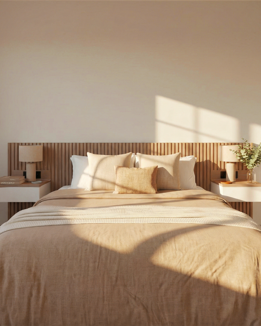 ListNight - Cabecero con listones, luz LED y mesitas flotantes integradas ListNight – Luz, textura y equilibrio en una sola pieza