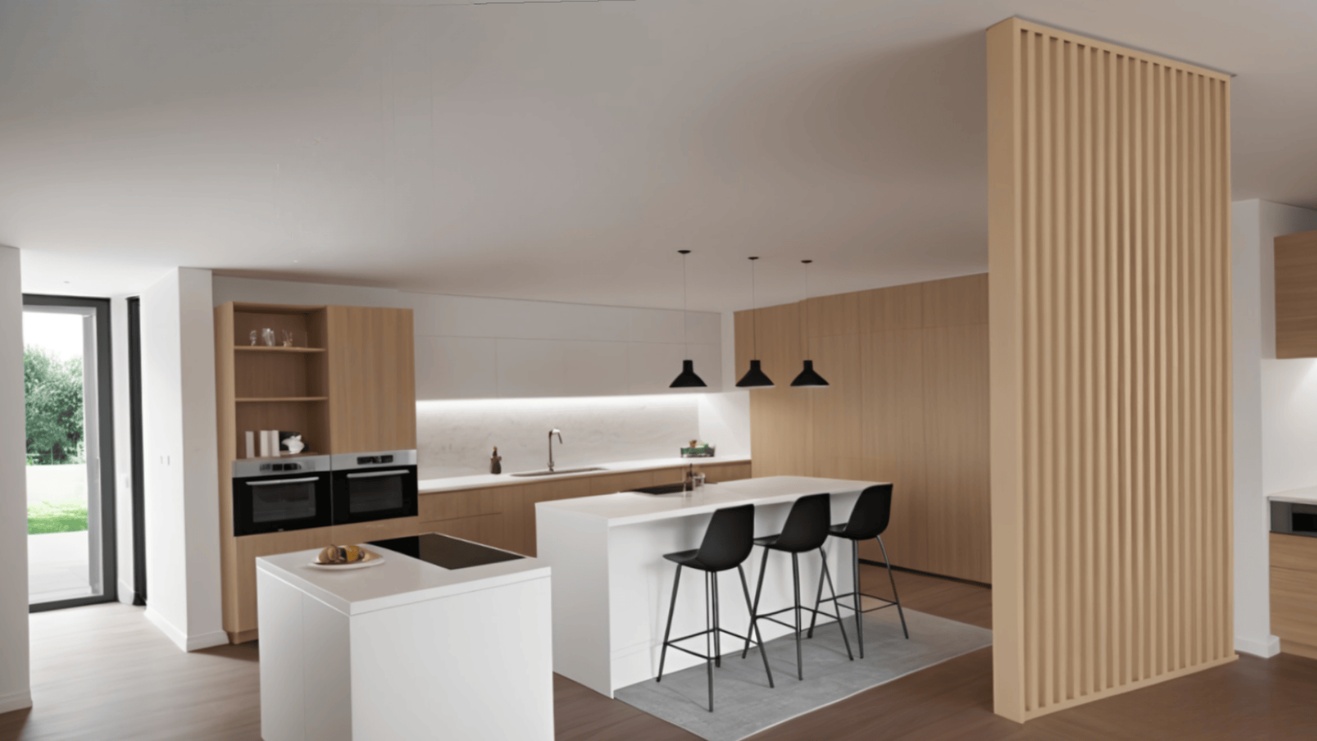 render vizcom S-SV3_1 Separador de Ambientes Listones Oblicuos y Luz LED – SepTop Frame Roble Hamilton | 130x250 cm - Imagen 9