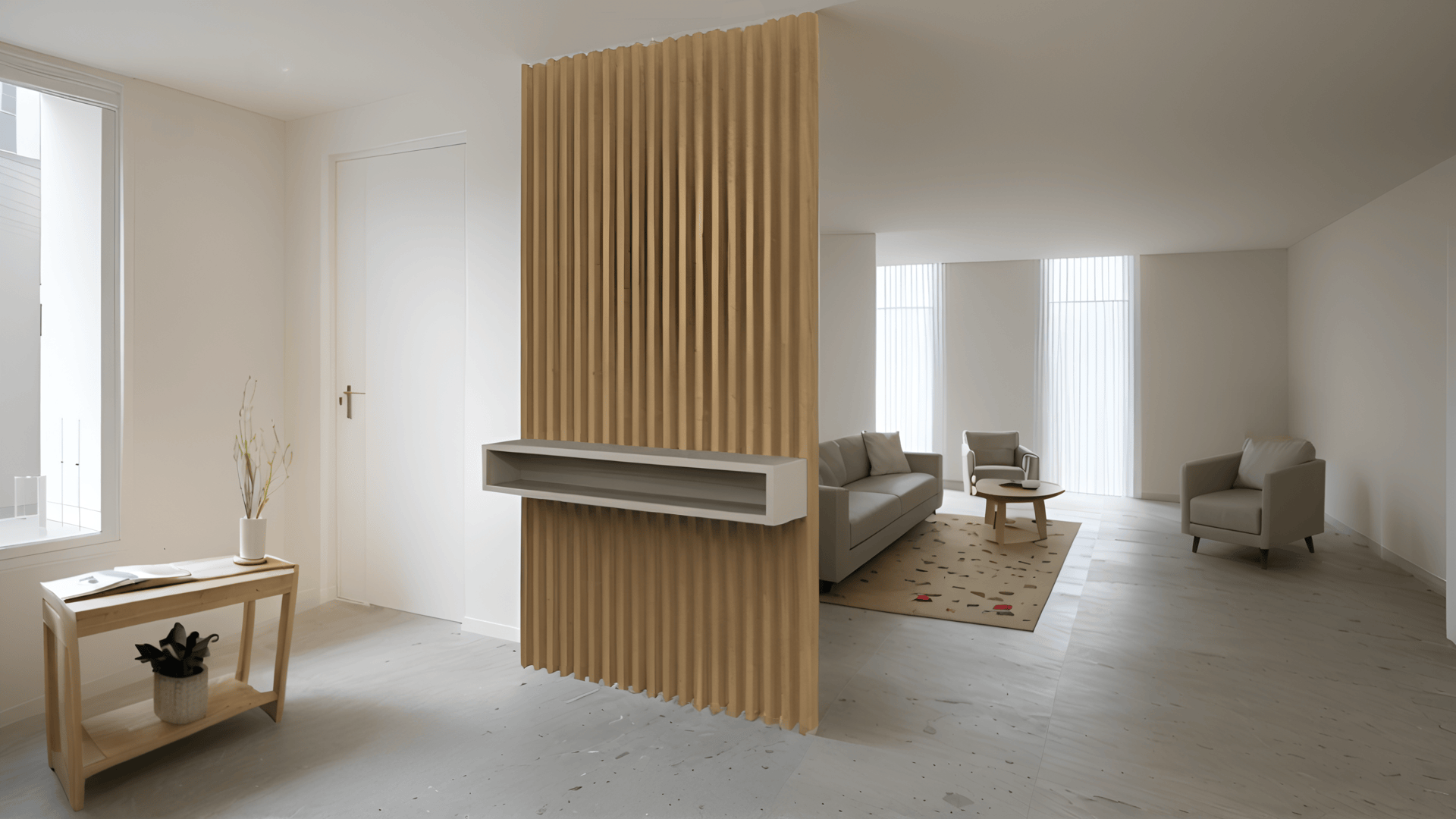 render vizcom separador 4 Separador de Ambientes en Roble Hamilton con Consola Flotante Gris Cachemira | 250x130 cm - Imagen 2