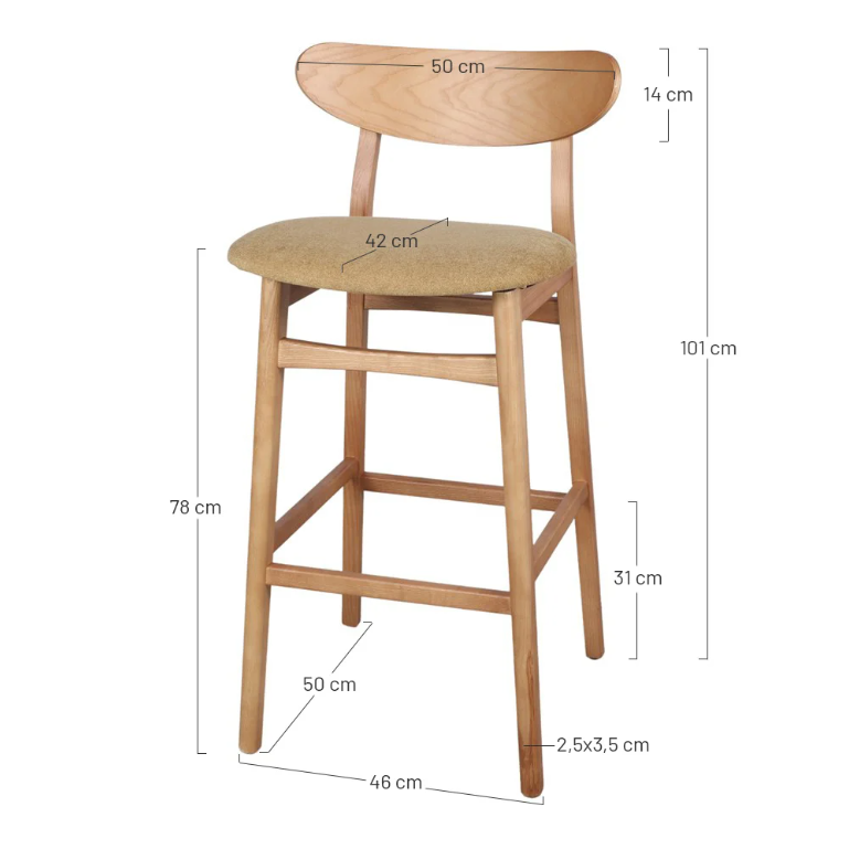 taburete arlo fitxa producto Taburete de Cocina Arlo en Madera Natural con Asiento Tapizado - Imagen 3