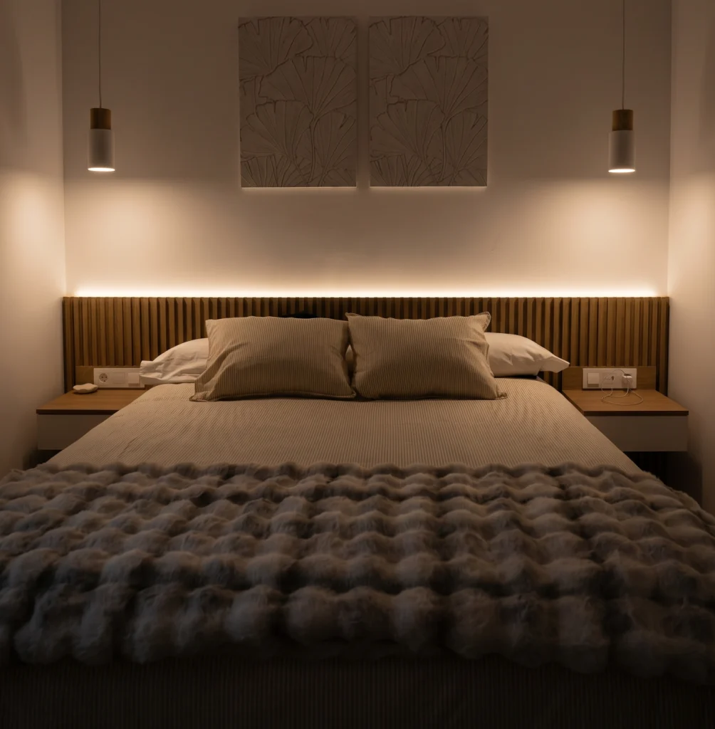 HOME Proyecto de dormitorio con cabecero de madera, mesitas integradas y mobiliario a
medida
